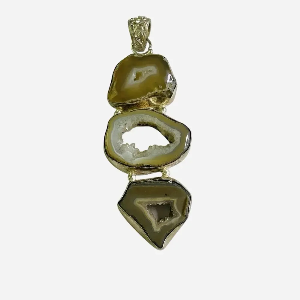 Natural Geode Agate Trio Pendant Sterling Silver 925 Earth Tone Green Gray Brown